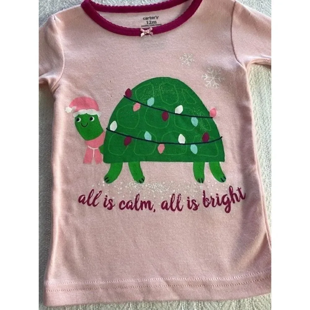 CARTER’S Girls 12M “all is calm, all is bright” Turtle Christmas Pajamas